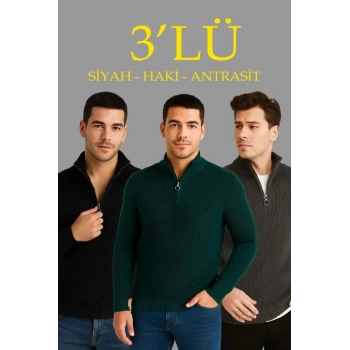 MARSiLYAN- Erkek Fitilli Triko Kazak 3’lü Set – Haki, Siyah, Antrasit Kalın Dokuma Pamuklu Regular Fit V Yaka Fermuarlı Uzun Kollu Rahat Kışlık Kazak Kombini