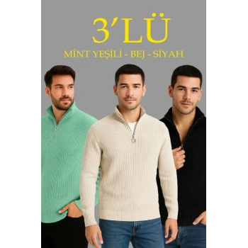 MARSiLYAN- Erkek Fitilli Triko Kazak 3’lü Set – Mint Yeşili, Siyah, Bej Kalın Dokuma Pamuklu Regular Fit V Yaka Fermuarlı Uzun Kollu Rahat Kışlık Kazak Kombini