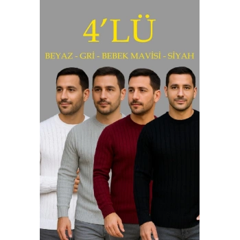 MARSiLYAN- Erkek Fitilli Triko Kazak 4’lü Set Beyaz Bordo Gri Siyah Regular Fit Bisiklet Yaka Kazak Triko Kombini