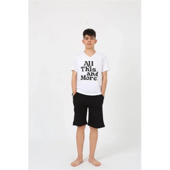 MARSiLYAN- Erkek Genç Garson Boy Kısa Kol Beyaz Penye Şortlu Pijama Takımı