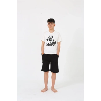 MARSiLYAN- Erkek Genç Garson Boy Kısa Kol Ekru Penye Şortlu Pijama Takımı
