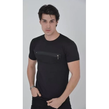 MARSiLYAN- Erkek Göğüste Fermuar Aksesuarlı Dar Kalıp T-Shirt - Siyah