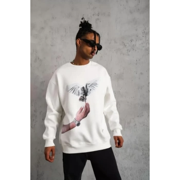 MARSiLYAN- Erkek Güvercin Baskılı Sweatshirt - Beyaz