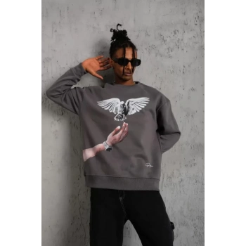 MARSiLYAN- Erkek Güvercin Baskılı Sweatshirt - Gri