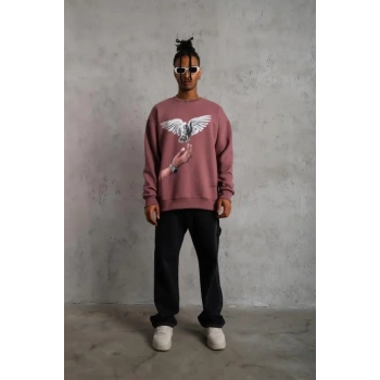 MARSiLYAN- Erkek Güvercin Baskılı Sweatshirt - Gül Kurusu