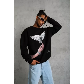 MARSiLYAN- Erkek Güvercin Baskılı Sweatshirt - Siyah