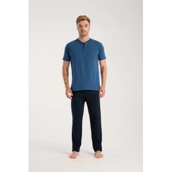 MARSiLYAN- Erkek İndigo Düğmeli Yaka Kısa Kol Pijama Takımı