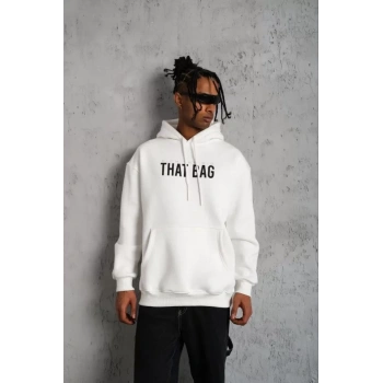 MARSiLYAN- Erkek Kanguru Cep Baskılı Kapüşonlu Sweatshirt - Beyaz