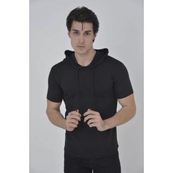 MARSiLYAN- Erkek Kapşonlu Slim Fit T-shirt - Siyah