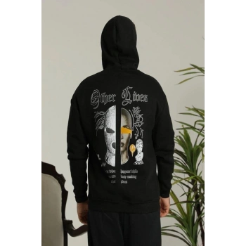 MARSiLYAN- Erkek Kapşonlu Sweatshirt – Oversize Üç İplik Şardonlu Hoodie, “Other Lives” Ön - Arka Baskılı, Kanguru Cepli, Kışlık Rahat Günlük Stil - Siyah