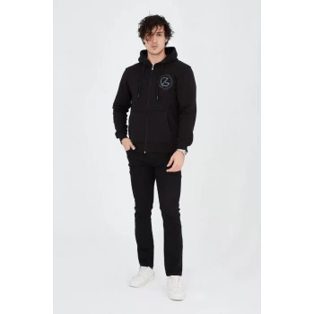 MARSiLYAN- Erkek Kapüşonlu Baskılı Fermuarlı Hırka - Siyah