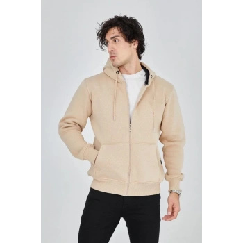 MARSiLYAN- Erkek Kapüşonlu Düz Fermuarlı Hırka - Bej