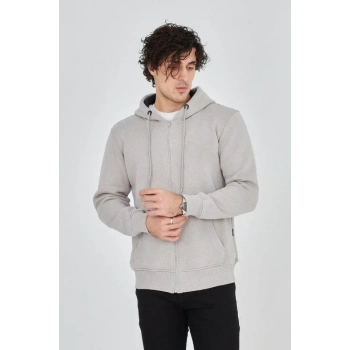 MARSiLYAN- Erkek Kapüşonlu Düz Fermuarlı Hırka - Boyalı Gri