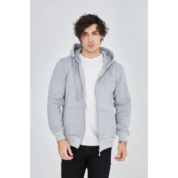 MARSiLYAN- Erkek Kapüşonlu Düz Fermuarlı Hırka - Gri
