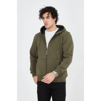 MARSiLYAN- Erkek Kapüşonlu Düz Fermuarlı Hırka - Yeşil