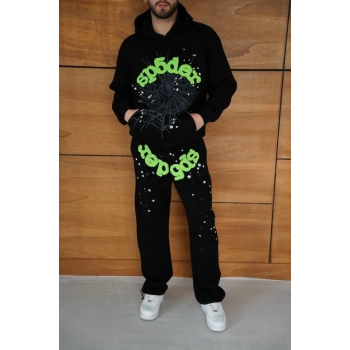 MARSiLYAN- Erkek Kapüşonlu Eşofman Takım Örümcek Ağı Ve Neon Yeşil Baskılı Kanguru Cepli Oversize Rahat Kalıp, Premium Üç İplik Kumaş - Siyah