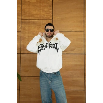 MARSiLYAN- Erkek Kapüşonlu Sweatshirt Hoodie 3 İplik Şardonlu Pamuklu Kumaş, Önü Baskılı, Fermuarlı Rahat Kalıp, Kışlık Ve Sokak Stili Sweat - Beyaz