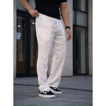 MARSiLYAN- Erkek Keten Cepli Çıma Dikişli Jogger Buggy Pantalon Rahat Kalıp - Beyaz