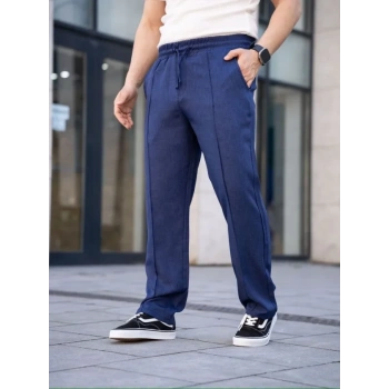 MARSiLYAN- Erkek Keten Cepli Çıma Dikişli Jogger Buggy Pantalon Rahat Kalıp - Lacivert