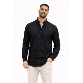 MARSiLYAN- Erkek KETEN Kumaş Oversize Uzun Kollu Rahat Kalıp Gömlek - Siyah