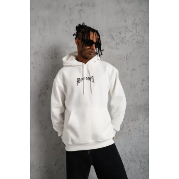 MARSiLYAN- Erkek Kordon İpli Baskılı Kapüşonlu Sweatshirt - Beyaz