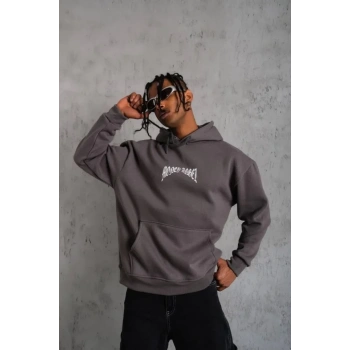 MARSiLYAN- Erkek Kordon İpli Baskılı Kapüşonlu Sweatshirt - Füme