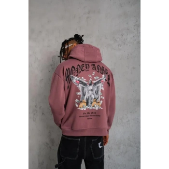 MARSiLYAN- Erkek Kordon İpli Baskılı Kapüşonlu Sweatshirt - Gül Kurusu