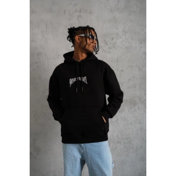 MARSiLYAN- Erkek Kordon İpli Baskılı Kapüşonlu Sweatshirt - Siyah