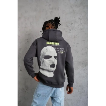 MARSiLYAN- Erkek Kordonlu Maske Baskılı Kapşonlu Sweat - Gri