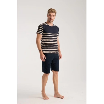 MARSiLYAN- Erkek Lacivert Sıfır Yaka Kısa Kol Şortlu Pijama Takımı