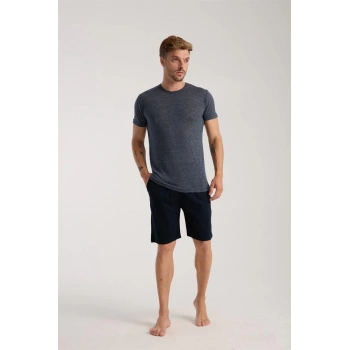 MARSiLYAN- Erkek Lacivert Sıfır Yaka Kısa Kol Şortlu Pijama Takımı