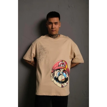 MARSiLYAN- Erkek Mario Baskılı Oversize T-Shirt - Bej