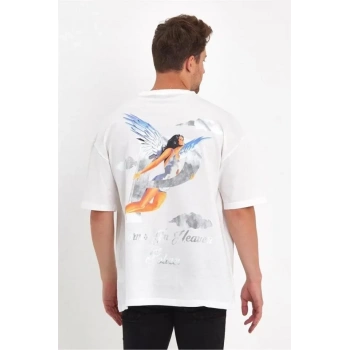 MARSiLYAN- Erkek Melek Baskılı Oversize T-shirt - Beyaz