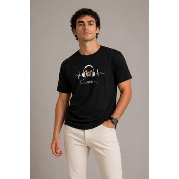 MARSiLYAN- Erkek Müzik Temalı Baskılı Tişört Bisiklet Yaka Kısa Kol T-Shirt - Siyah