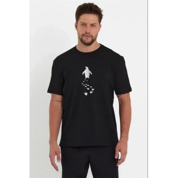 MARSiLYAN- Erkek Nihilist Penguen Temalı Oversize Bisiklet Yaka Tişört - Siyah