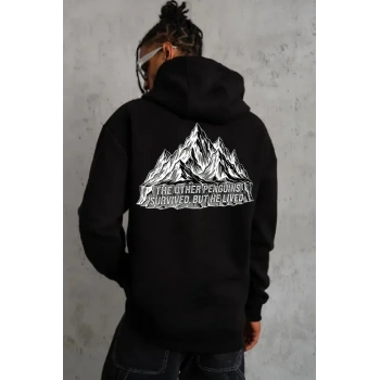 MARSiLYAN- Erkek Nihilist Penguen Temalı Oversize Kapüşonlu Sweatshirt - Siyah