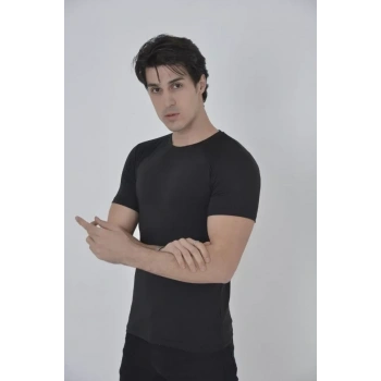 MARSiLYAN- Erkek Omuz Fileli Slim Fit T-shirt - Siyah