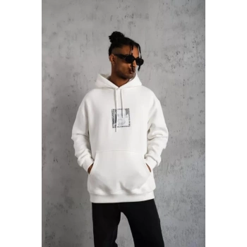 MARSiLYAN- Erkek Ön Arka Baskılı Kapşonlu Sweat - Beyaz