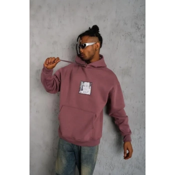 MARSiLYAN- Erkek Ön Arka Baskılı Kapşonlu Sweat - Gül Kurusu