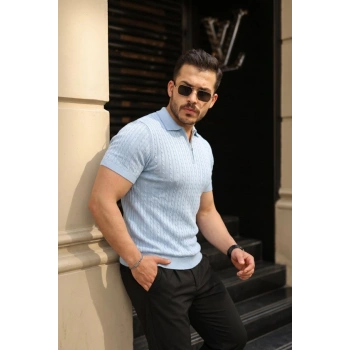 MARSiLYAN- Erkek Örgü Desen Fermuar Yakalı Triko Tişört