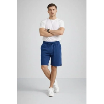 MARSiLYAN- Erkek Otoban Dokuma Şort Beli Lastikli Bağcıklı, Cepli, Rahat Kesim Günlük Yazlık Şort - İndigo