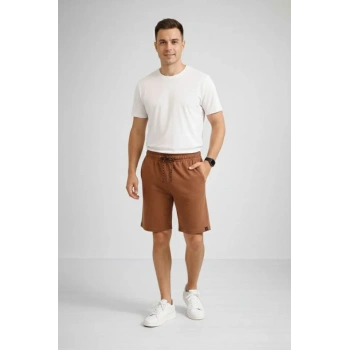 MARSiLYAN- Erkek Otoban Dokuma Şort Beli Lastikli Bağcıklı, Cepli, Rahat Kesim Günlük Yazlık Şort - Kahverengi