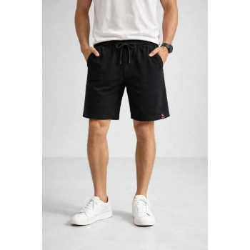 MARSiLYAN- Erkek Otoban Dokuma Şort Beli Lastikli Bağcıklı, Cepli, Rahat Kesim Günlük Yazlık Şort - Siyah