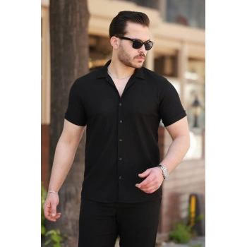 MARSiLYAN- Erkek Ottoman Kumaş Apaj Yaka Kısa Kollu Gömlek