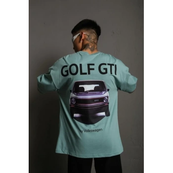 MARSiLYAN- Erkek Oversize Baskılı Tişört – Golf GTI Retro Araba Desenli, Ön - Arka Dijital Baskı, Sokak Modası Stil - Mint Yeşili