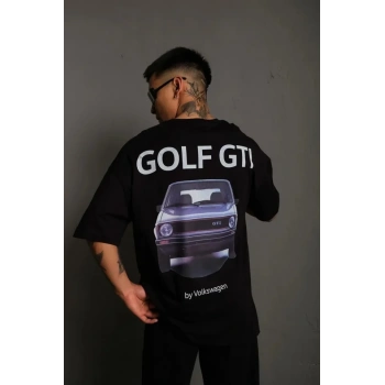MARSiLYAN- Erkek Oversize Baskılı Tişört – Golf GTI Retro Araba Desenli, Ön - Arka Dijital Baskı, Sokak Modası Stil - Siyah