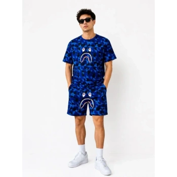 MARSiLYAN- Erkek Oversize Kalıp Pubg Bape X Shark Nakışlı Cepli Şort Takım - Mavi