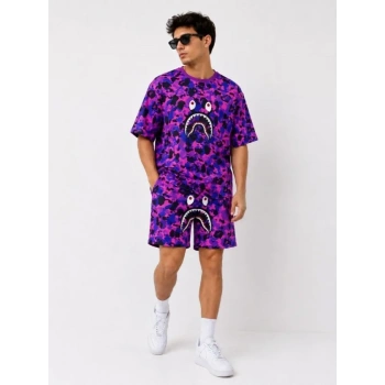 MARSiLYAN- Erkek Oversize Kalıp Pubg Bape X Shark Nakışlı Cepli Şort Takım - Mor