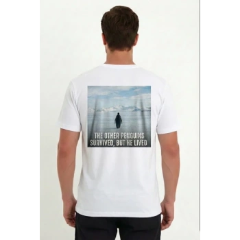 MARSiLYAN- Erkek Oversize Tişört - Sırt Baskılı Survivor Penguin Temalı, Felsefi Yazılı Bisiklet Yaka Tişört - Beyaz