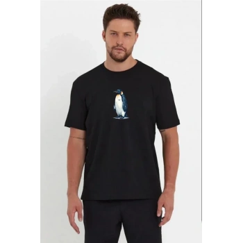MARSiLYAN- Erkek Oversize Tişört - Sırt Baskılı Survivor Penguin Temalı, Felsefi Yazılı Bisiklet Yaka Tişört - Siyah